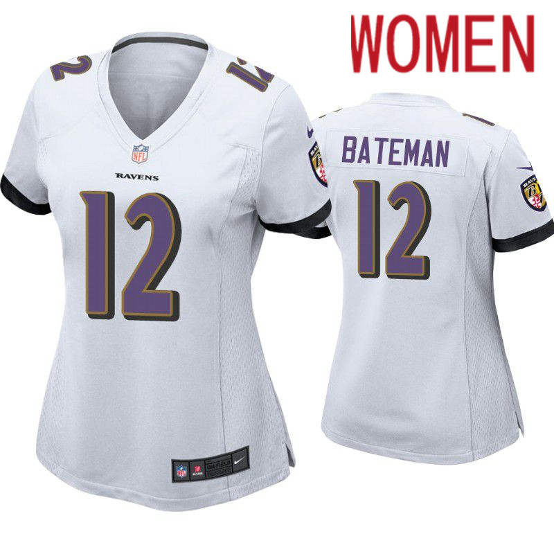 Women Baltimore Ravens #12 Rashod Bateman Nike White Game NFL Jersey->women nfl jersey->Women Jersey